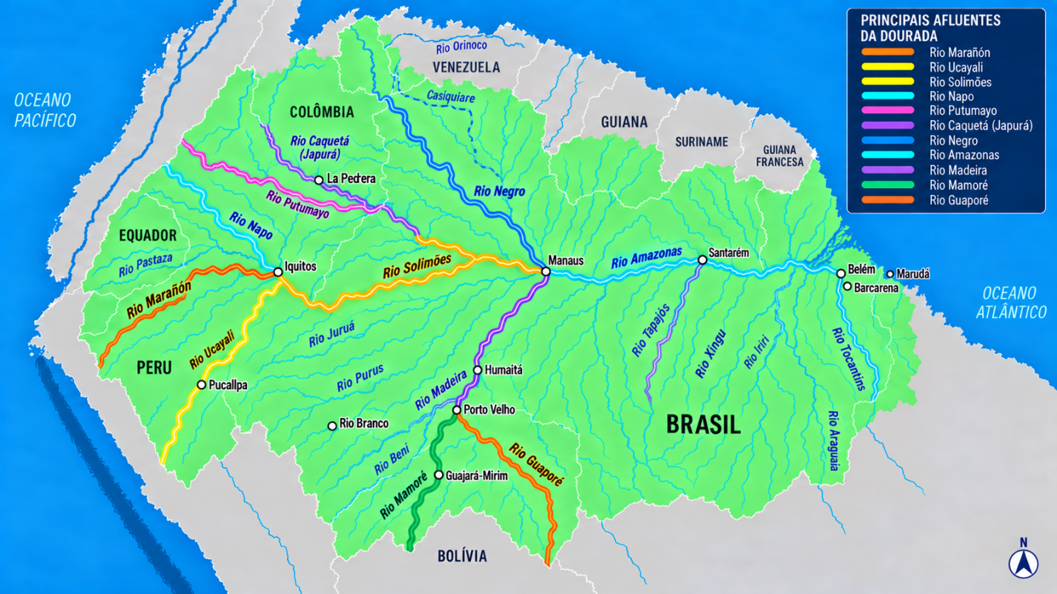 Mapa gerado por IA com os principais afluentes da dourada na bacia amazônica