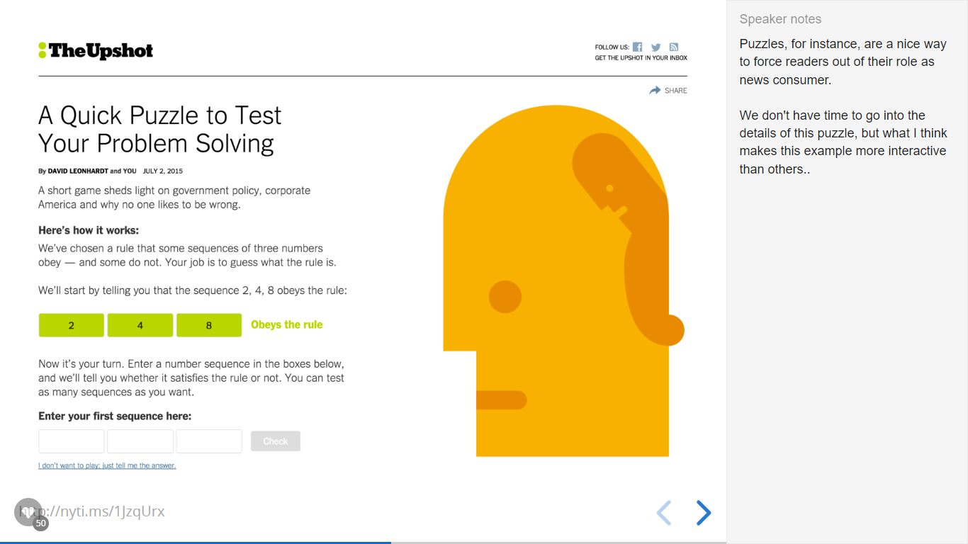 Slide mostrando um jogo do site Upshot em que o jogador precisa adivinhar o próximo número de uma sequência. Do lado esquerdo da página estão as instruções e no direito a ilustração da cabeça uma figura humana careca com outra pessoa menor dentro dela