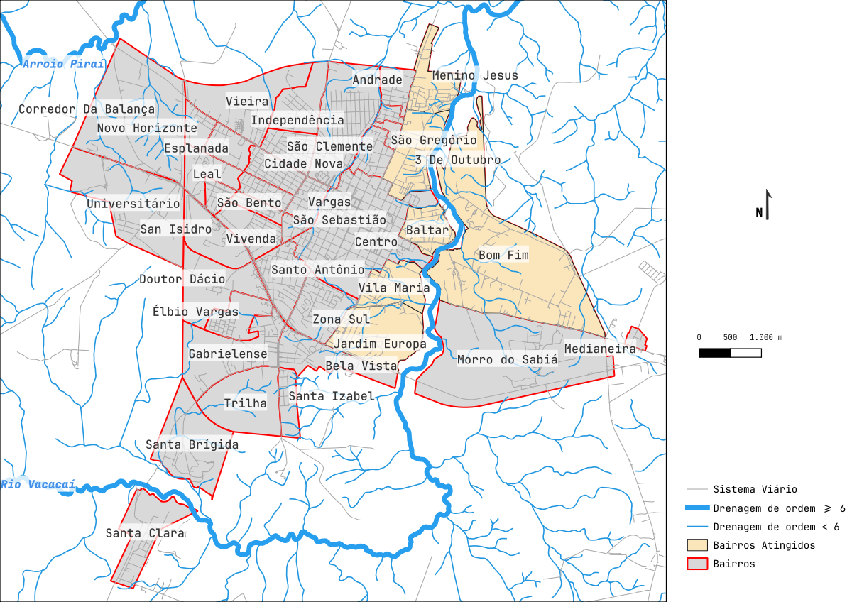 Mapa dos bairros de São Gabriel atingidos pela enchente do Rio Vacacaí