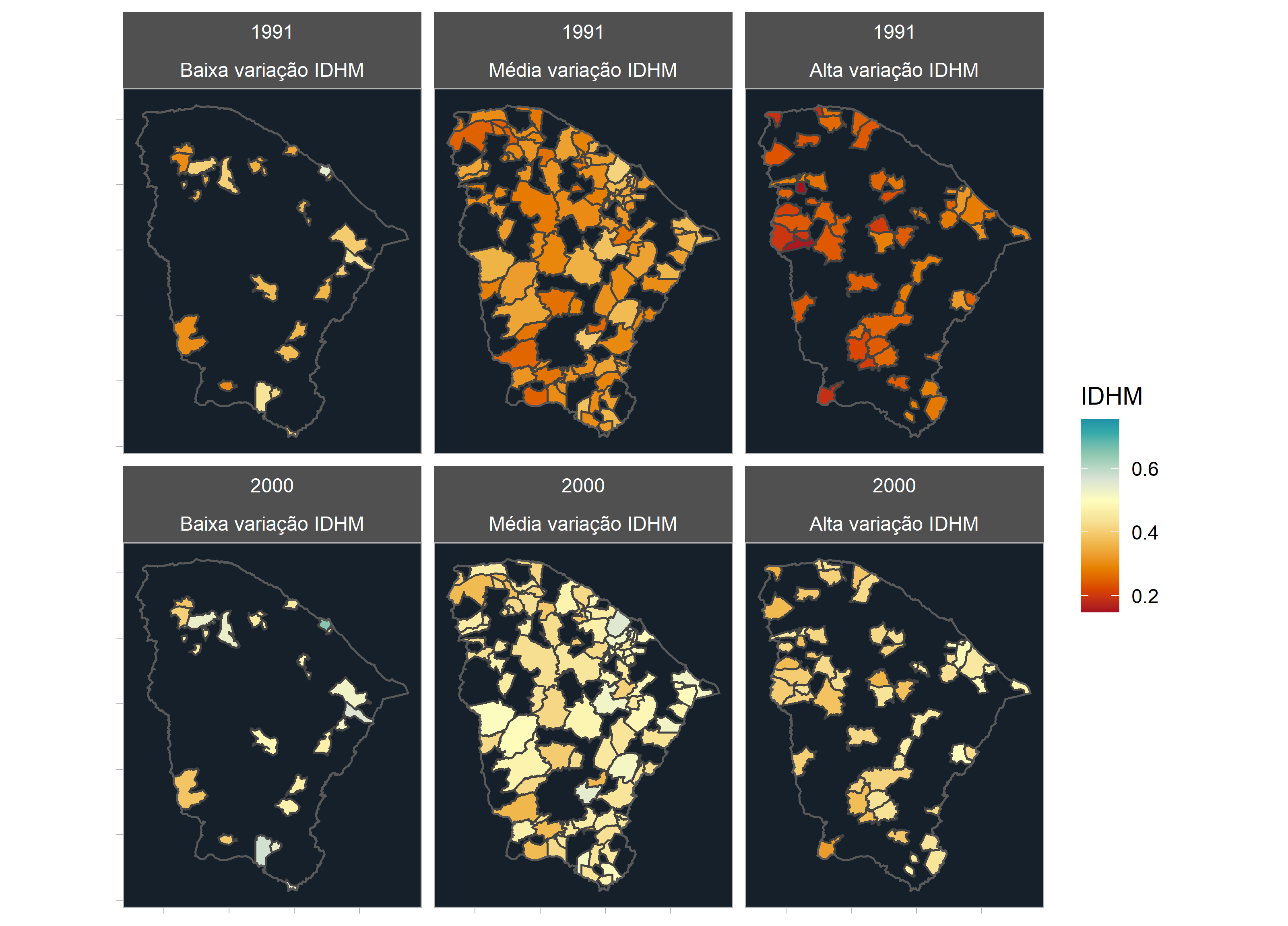 Mapas da variação do IDHM dos municípios cearenses entre 1991 e 2000, por grupo de variação