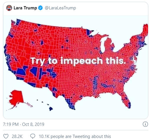 Tuíte de Lara Trump com mapa eleitoral por condados e a frase "Try to impeach this."