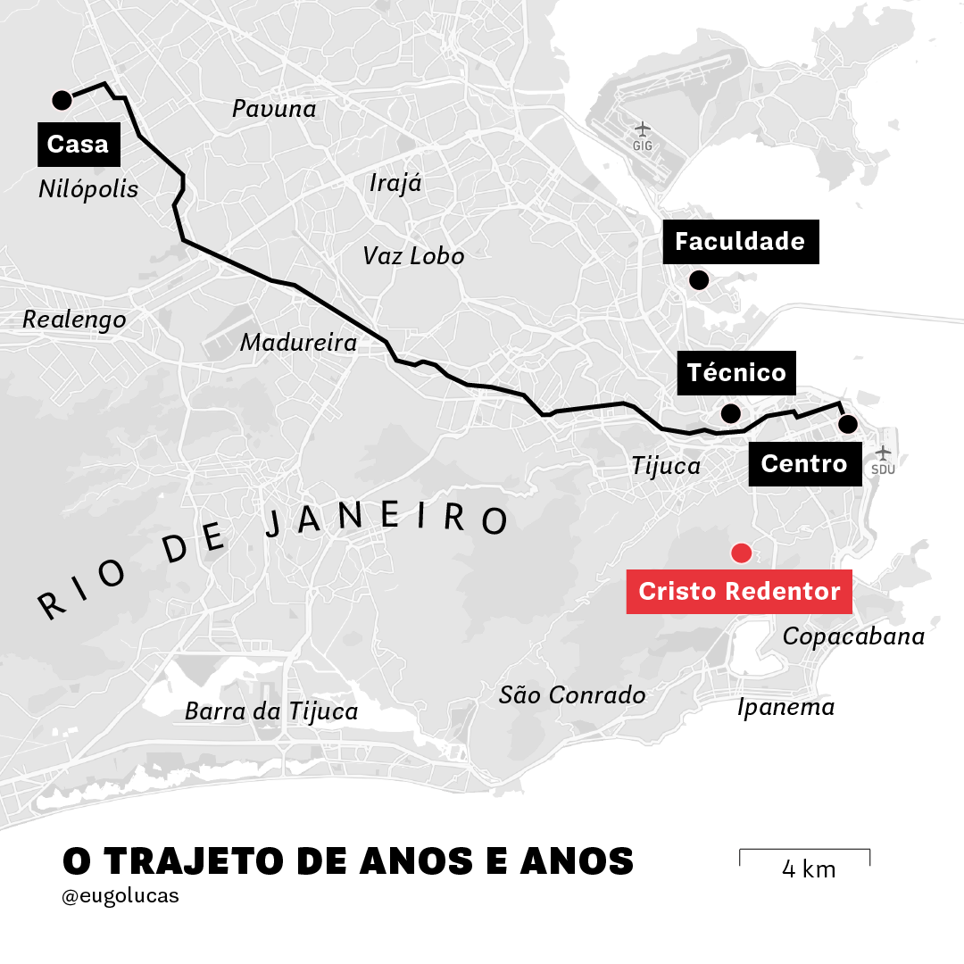 Mapa do Rio de Janeiro mostrando a distância da casa do autor para os lugares da cidade que frequentava
