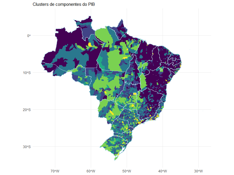 Mapa do Brasil com cada município colorido de acordo com seu agrupamento econômico