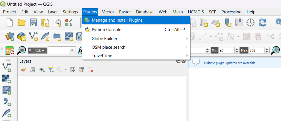 Menu Plugins do QGIS com a opção Manage and Install Plugins selecionada