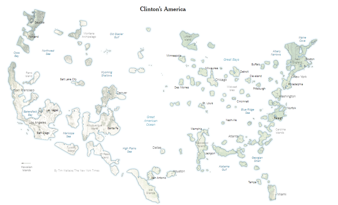 Mapa dos Estados Unidos formado por manchas vermelhas que representam apenas as áreas onde Donald Trump teve mais votos que Hillary Clinton, com o restante do território apagado em cinza claro