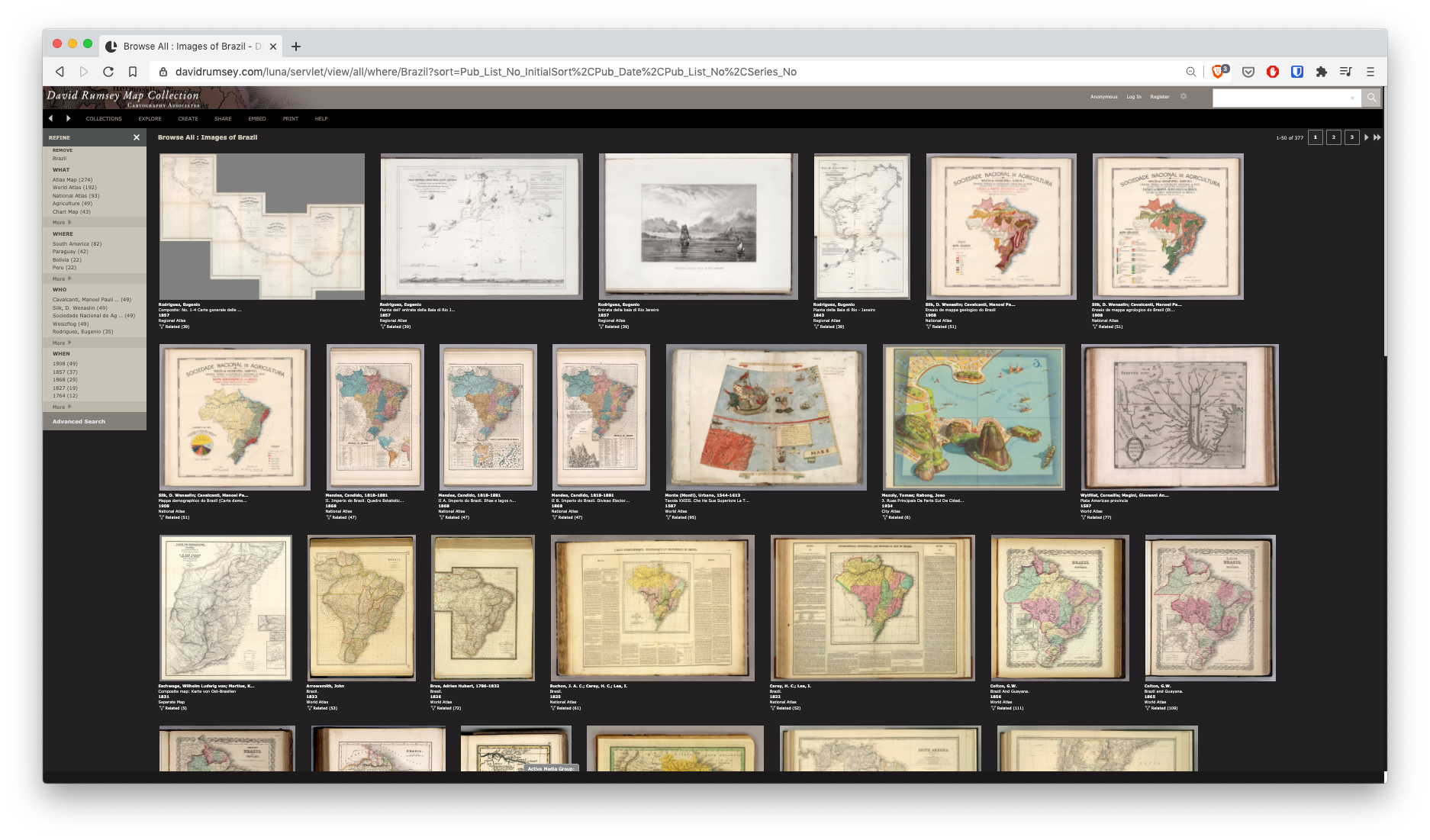Página do acervo online da David Rumsey Historical Map Collection com mapas do Brasil