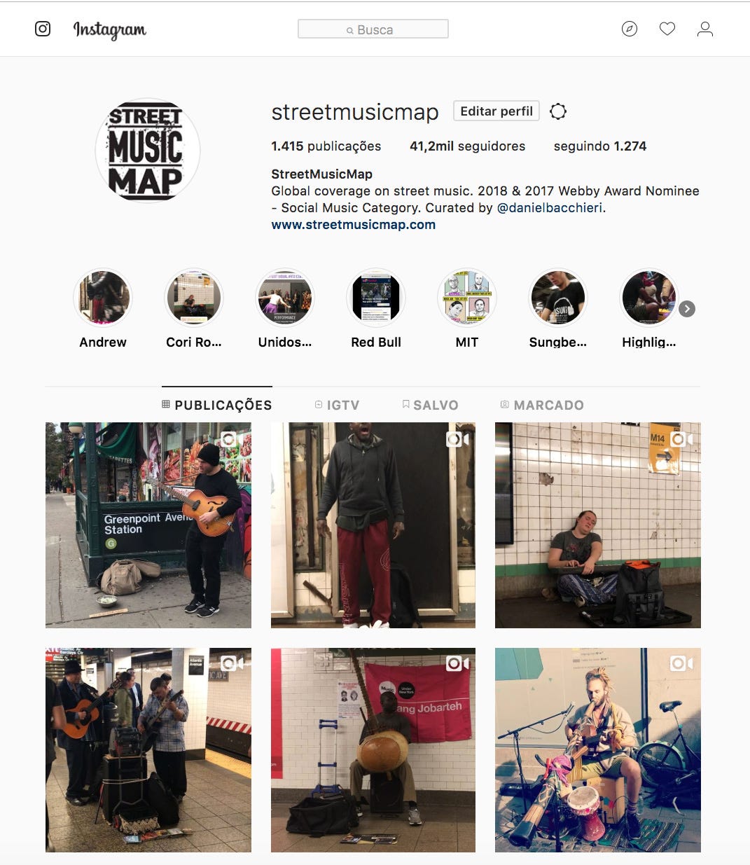 Captura de tela do perfil do StreetMusicMap no Instagram com vídeos de músicos de rua
