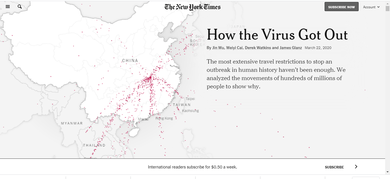 Cena do hiperinfográfico "How the Virus Got Out" do The New York Times, com mapa animado da disseminação do vírus