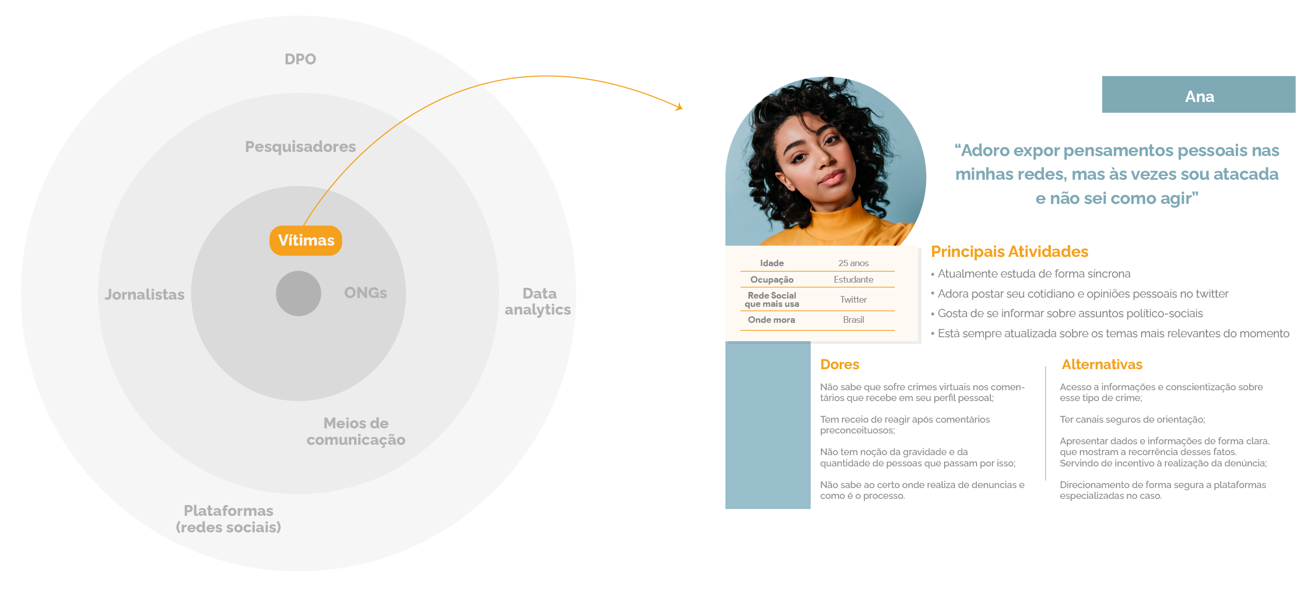 Persona Ana representando o público-alvo do projeto, com suas principais atividades, dores e alternativas