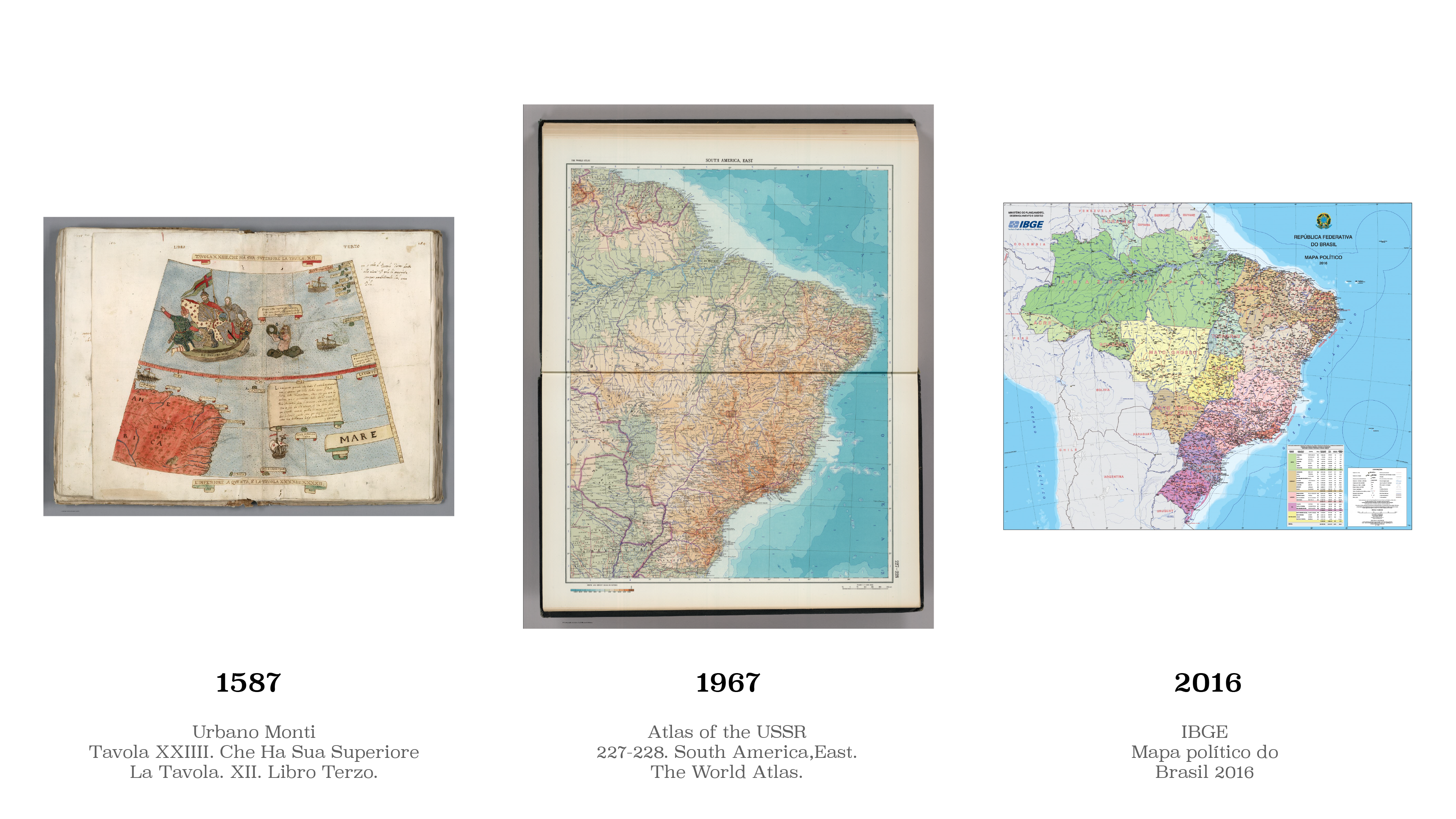 Colagem contendo três mapas usados na animação, do mais antigo ao mais recente