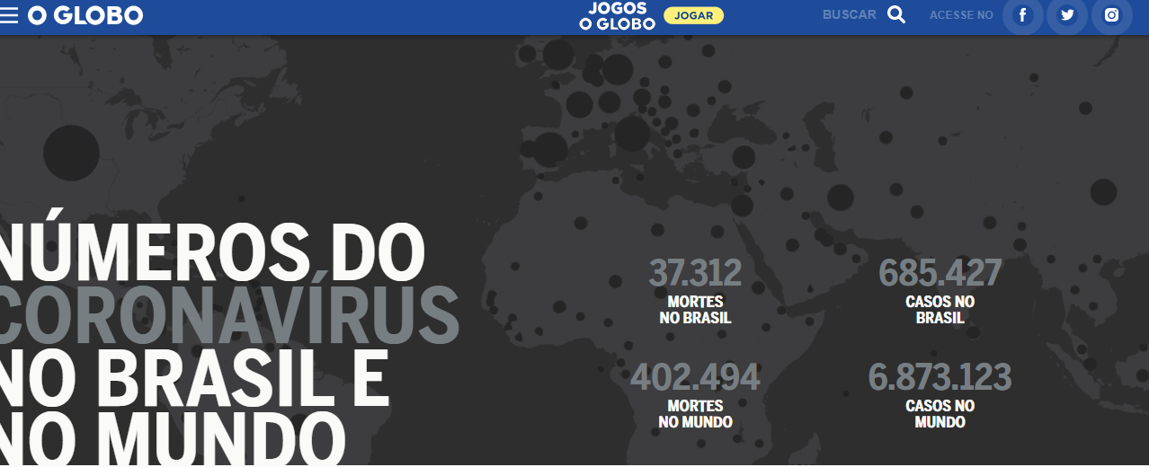 Página do hiperinfográfico "Números do Coronavírus no Brasil e no Mundo" do jornal O Globo, com mapas e gráficos interativos