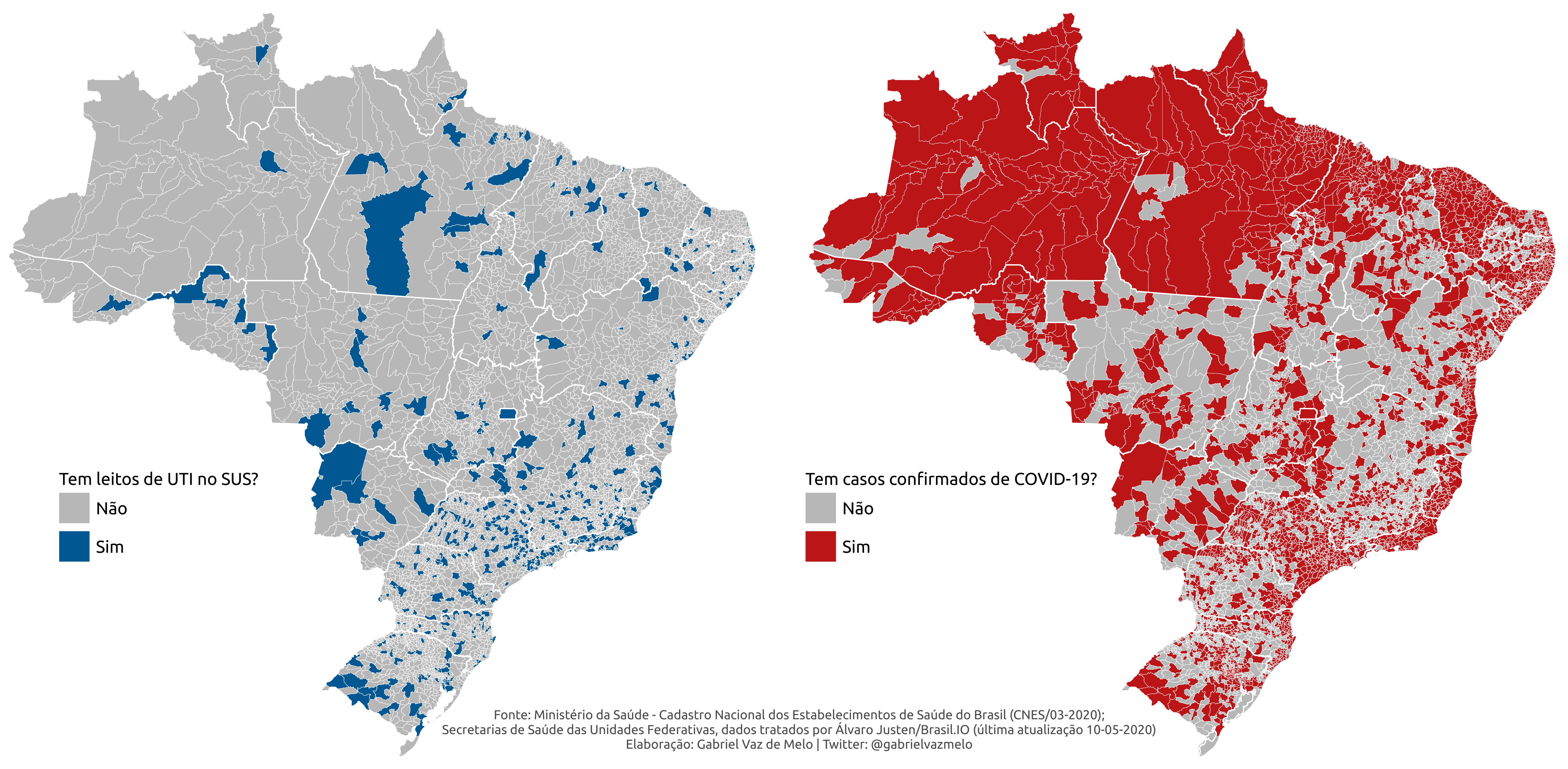 Mapas comparando municípios com leitos de UTI no SUS e municípios com casos confirmados de COVID-19