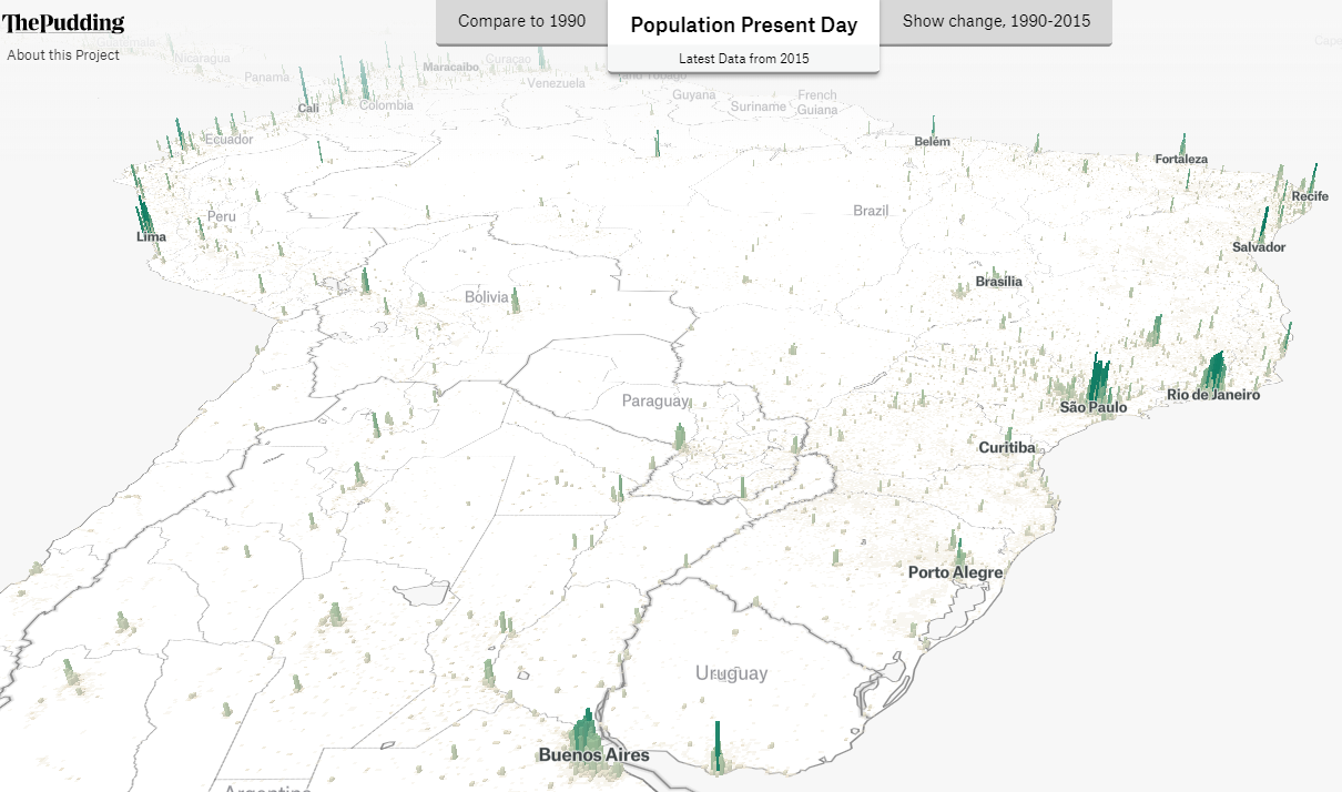 Mapa 3D do The Pudding em que barras sobre o mapa representam a quantidade de pessoas que moram em cada área