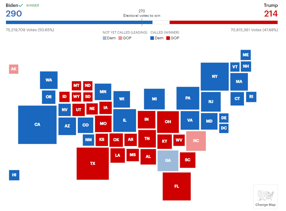 Cartogramas em infográfico das eleições de 2020 da New Yorker