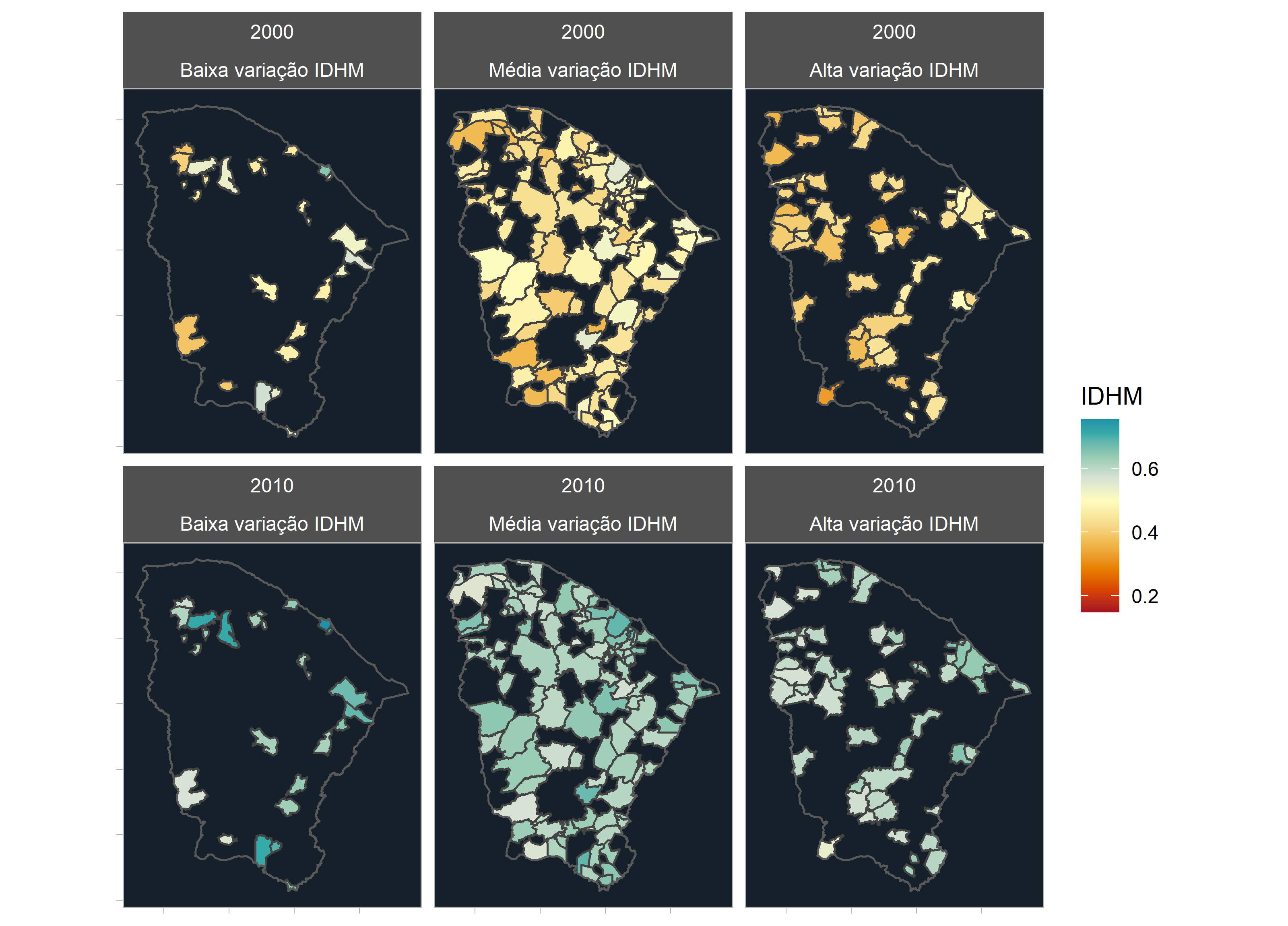 Mapas da variação do IDHM dos municípios cearenses entre 2000 e 2010, por grupo de variação