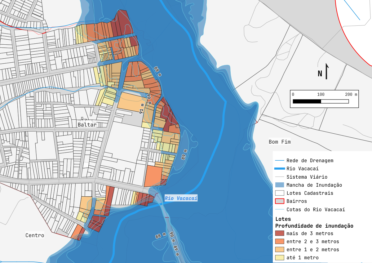 Mapa dos lotes atingidos por diferentes profundidades de inundação