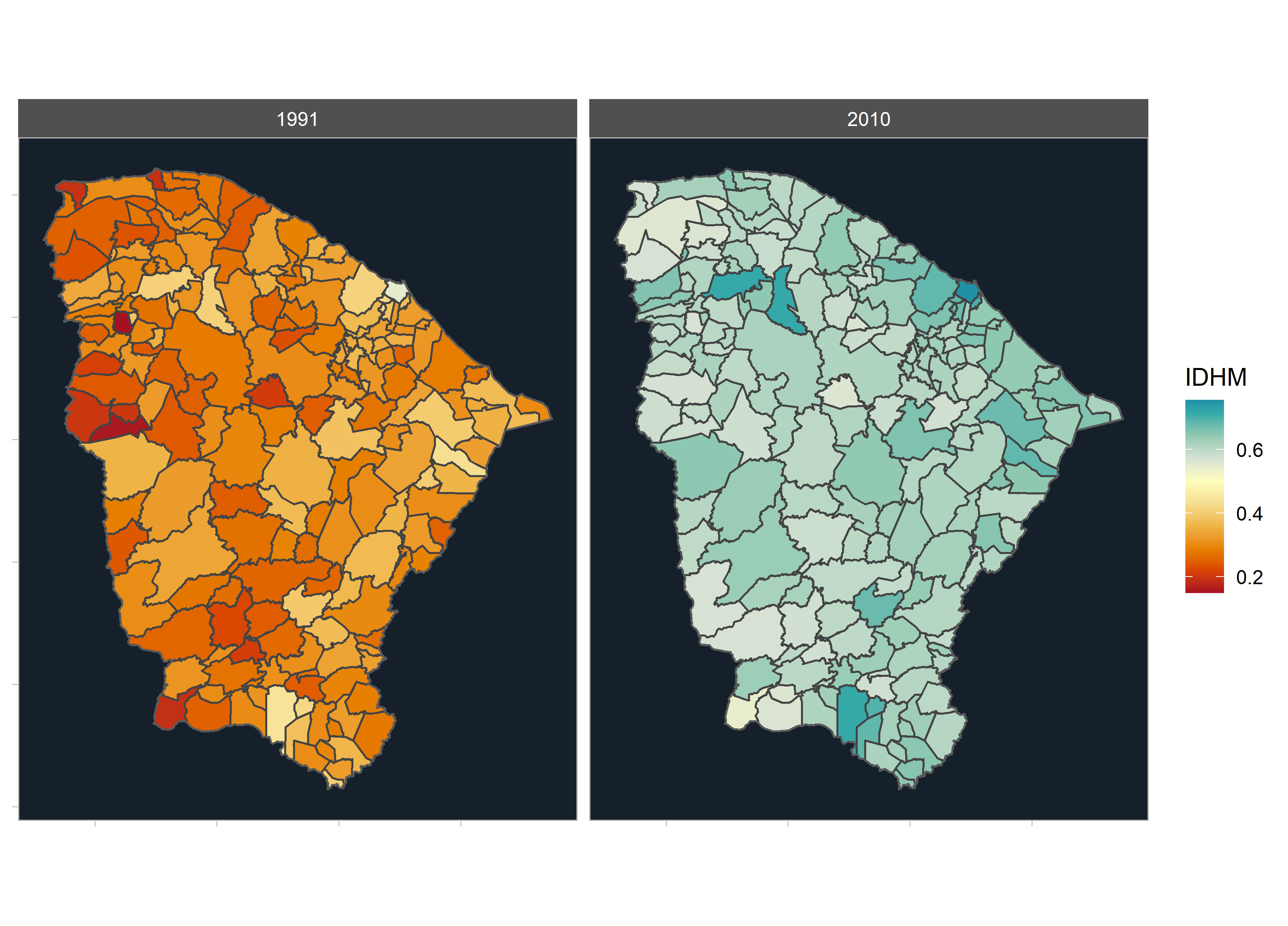 Mapas da variação completa do IDHM dos municípios cearenses entre 1991 e 2010