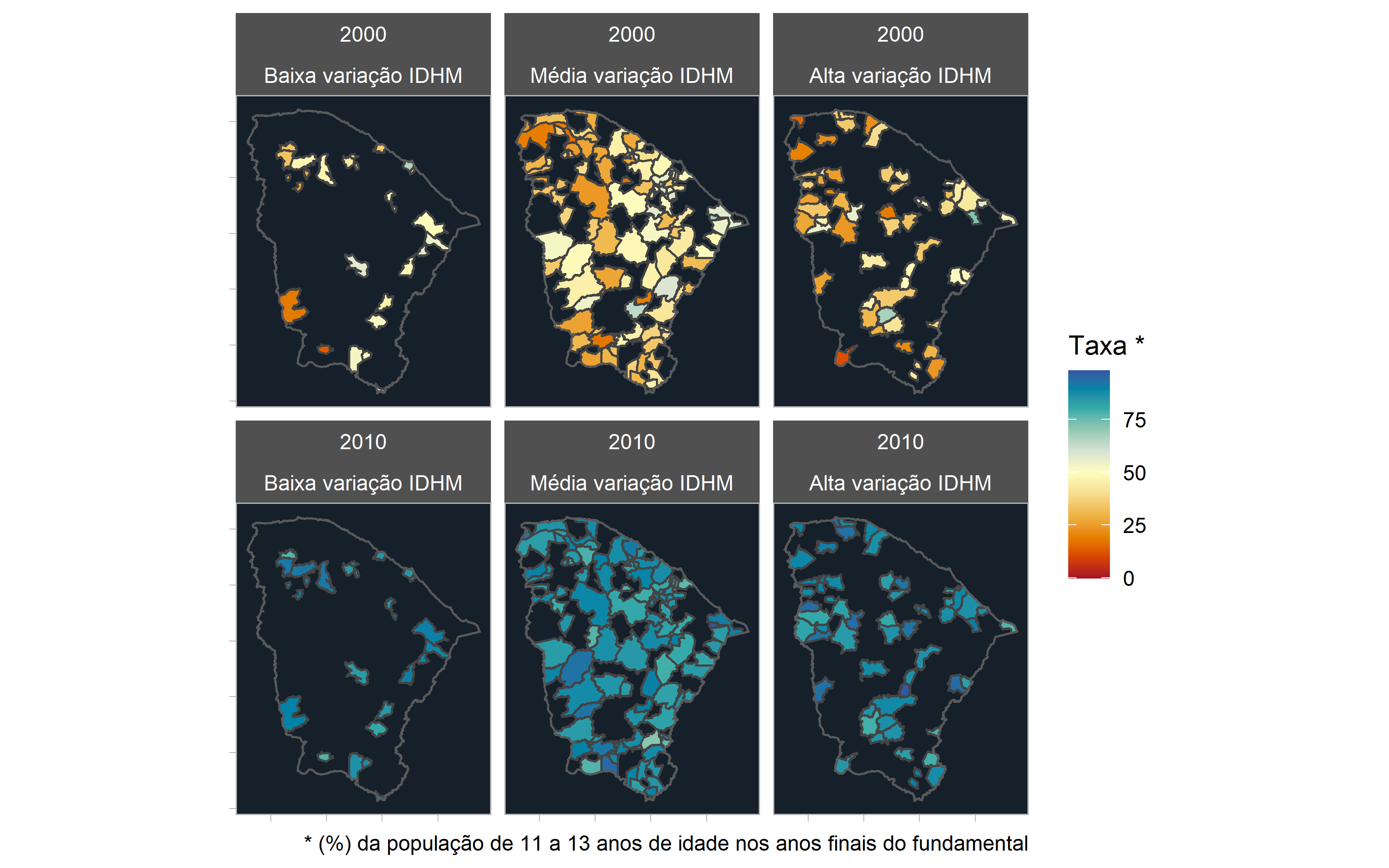Mapas da taxa da população de 11 a 13 anos nos anos finais do ensino fundamental no Ceará, 2000 e 2010