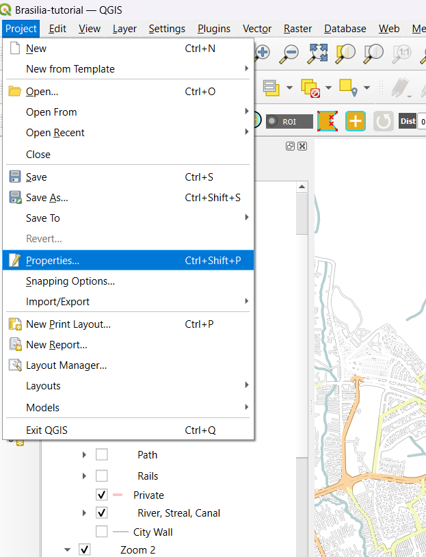 Janela de propriedades do projeto no QGIS para alterar a cor de fundo