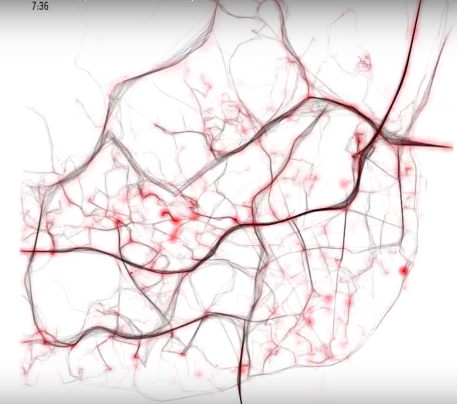 Visualização minimal mostrando coágulos de trânsito com pontos vermelhos