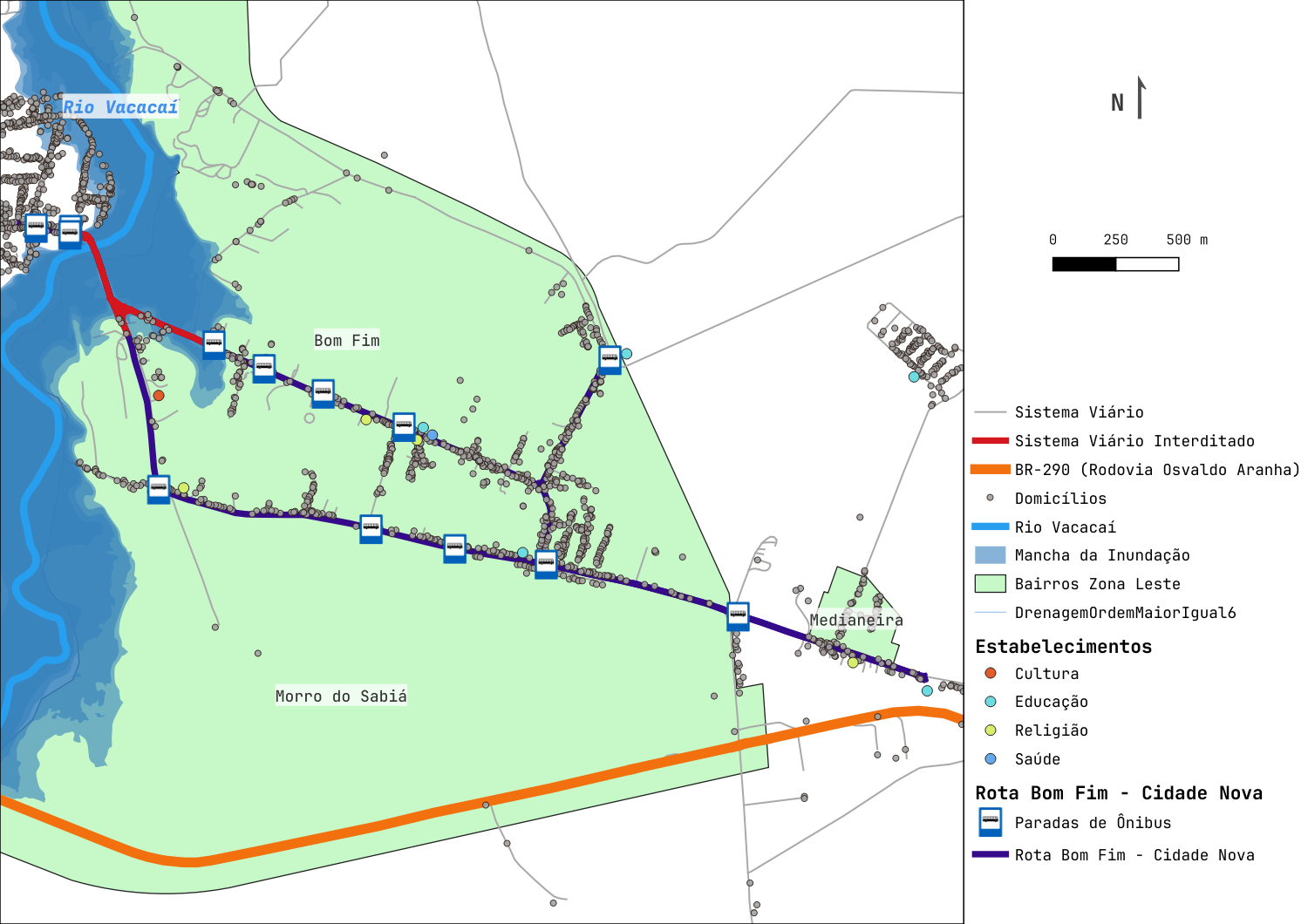 Mapa da zona leste de São Gabriel isolada pela interdição da ponte