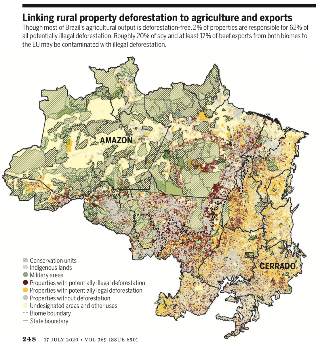Mapa do estudo publicado na Science relacionando desmatamento de propriedades rurais às exportações de soja e carne na Amazônia e no Cerrado, compartilhado em tuíte do professor Raoni Rajão