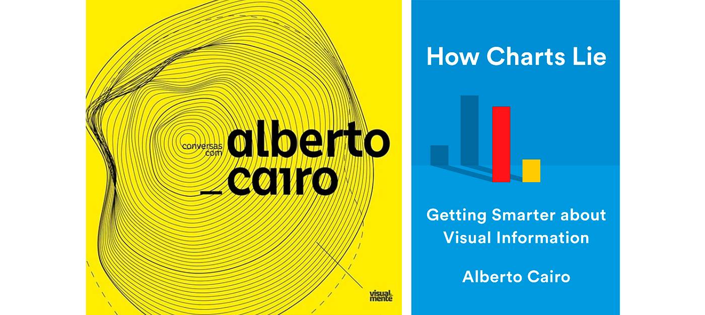 Arte do episódio "Conversas com Alberto Cairo" do podcast Visual+mente e capa do livro How Charts Lie, de Alberto Cairo