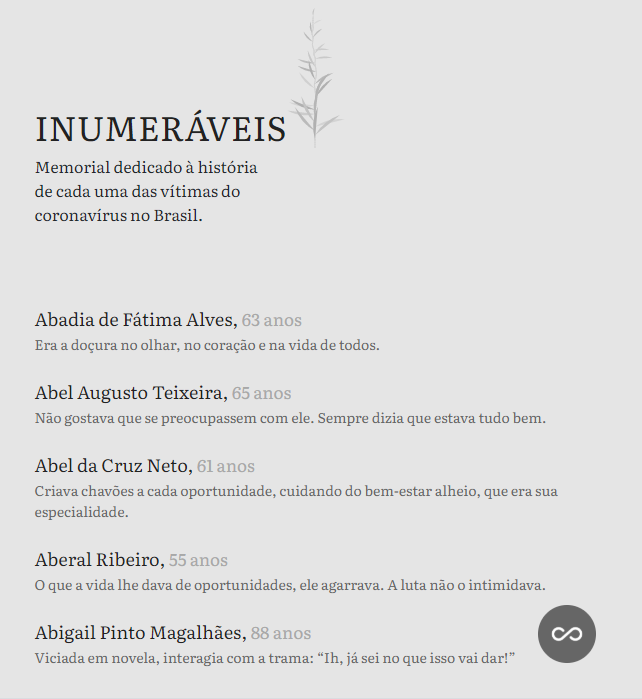 Página do Memorial Inumeráveis, que reúne obituários de vítimas da Covid-19