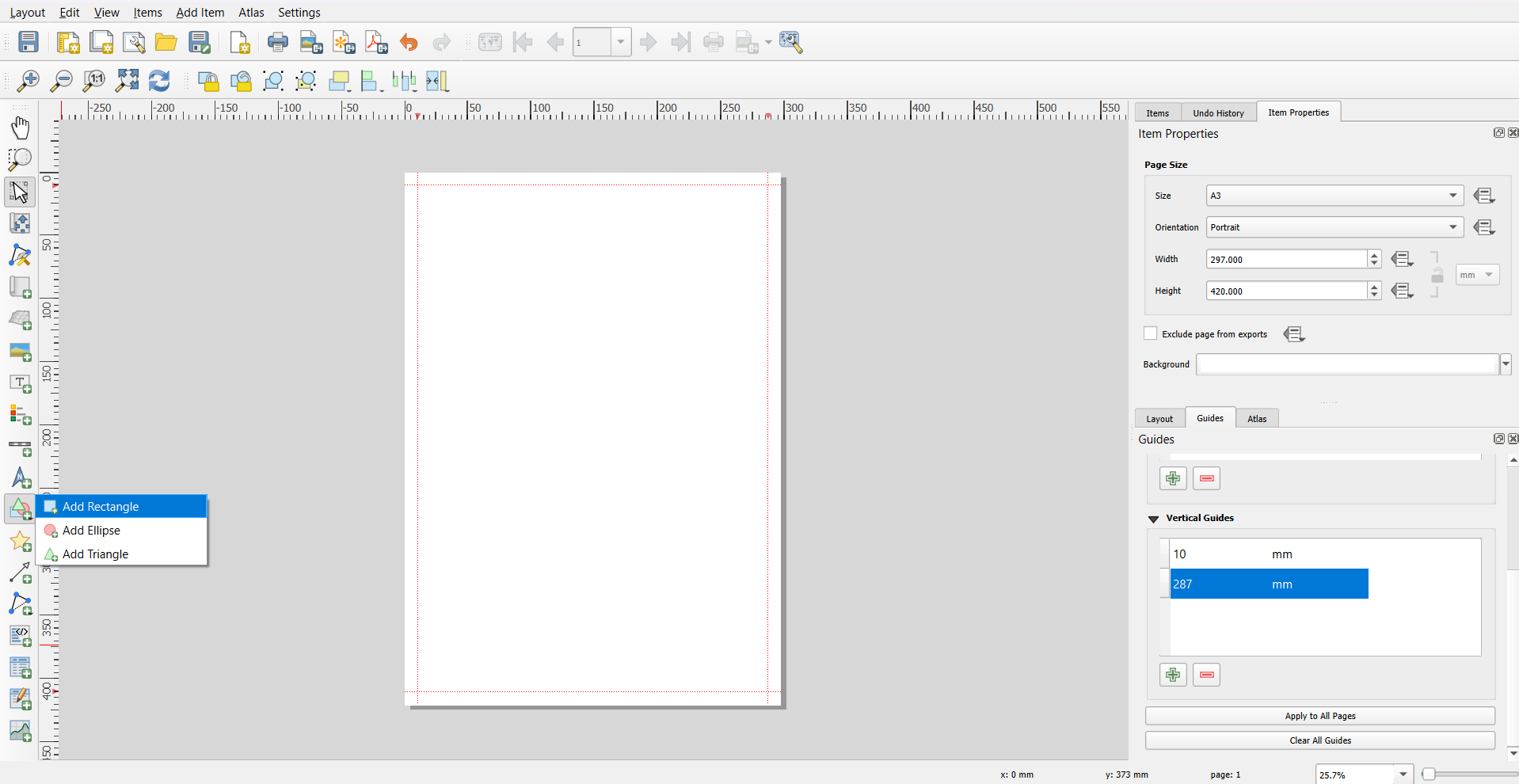 Layout de impressão do QGIS com guias horizontais e verticais