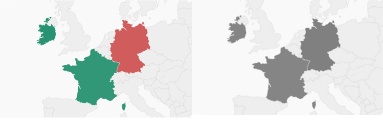 Mapa da Europa com regiões em verde e vermelho, indistinguíveis em preto e branco