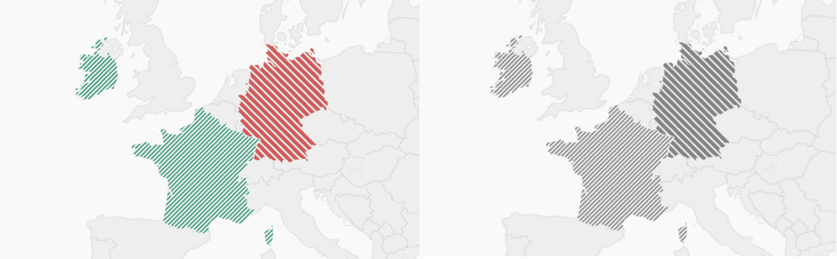 Mapa da Europa com padrões de listras em direções opostas, legível em preto e branco