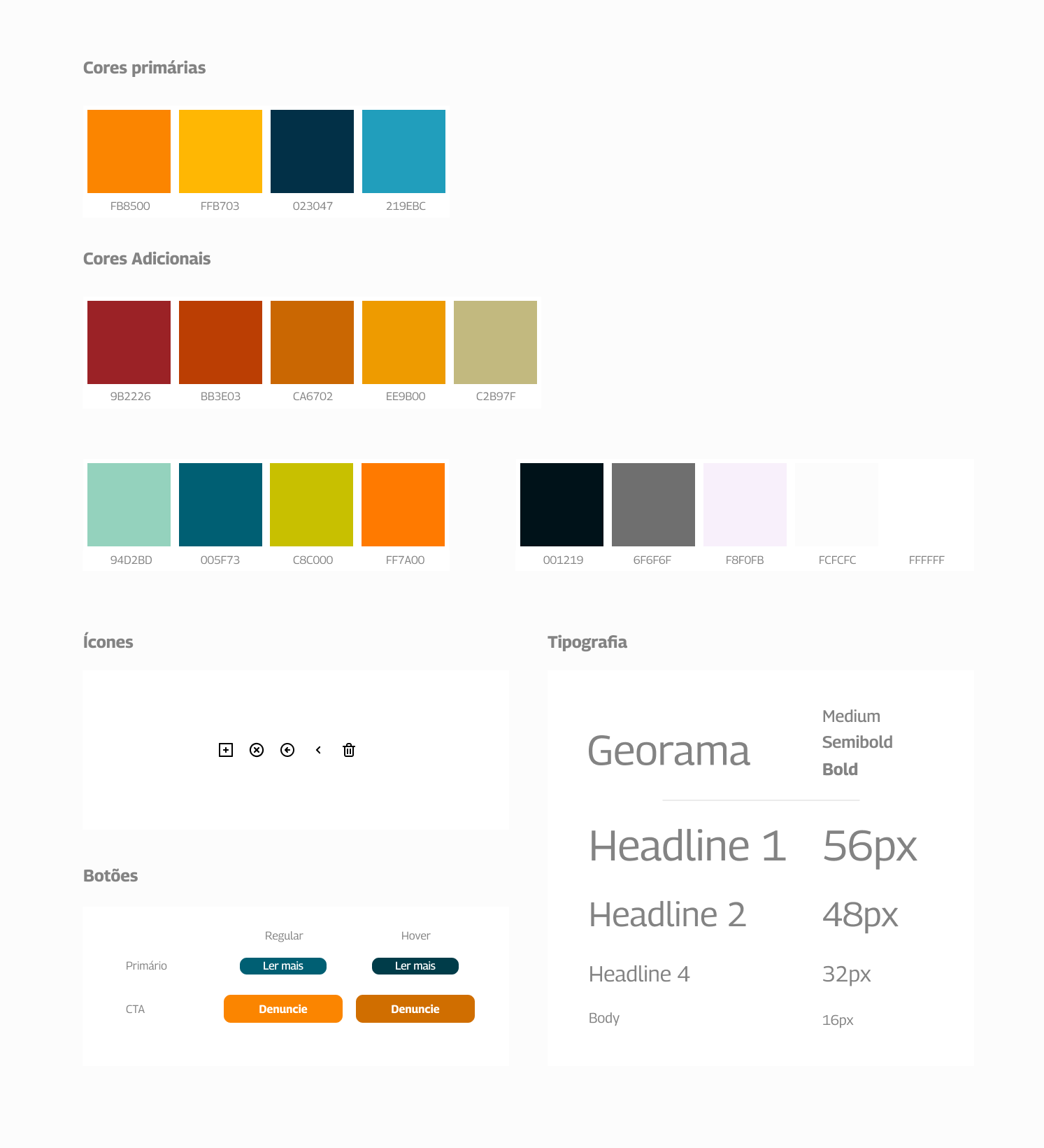 Guia de estilo do projeto com paleta de cores, ícones, botões e tipografia definidos