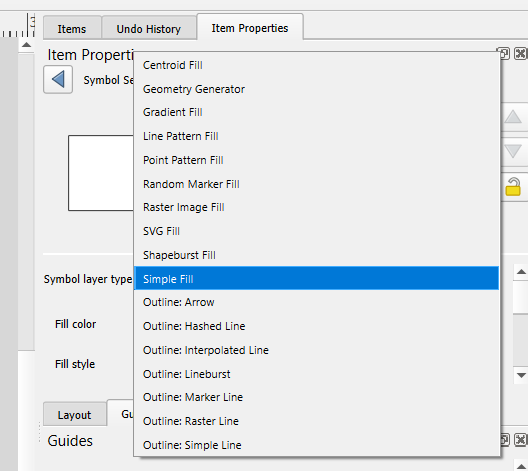Painel de estilo do QGIS trocando o preenchimento simples pelo gradiente