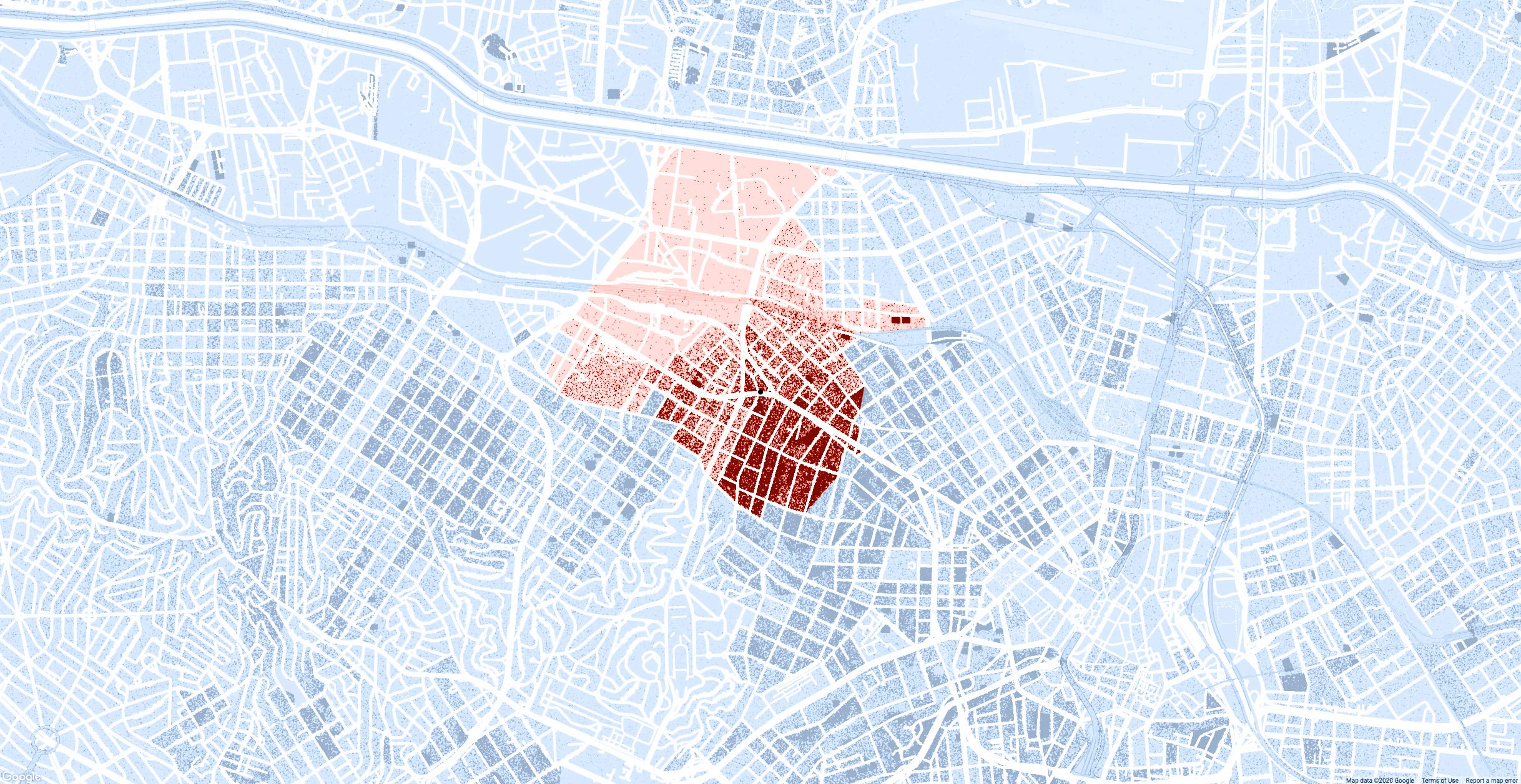 Mapa com uma área vermelha de forma irregular sobre o bairro da Barra Funda, em São Paulo