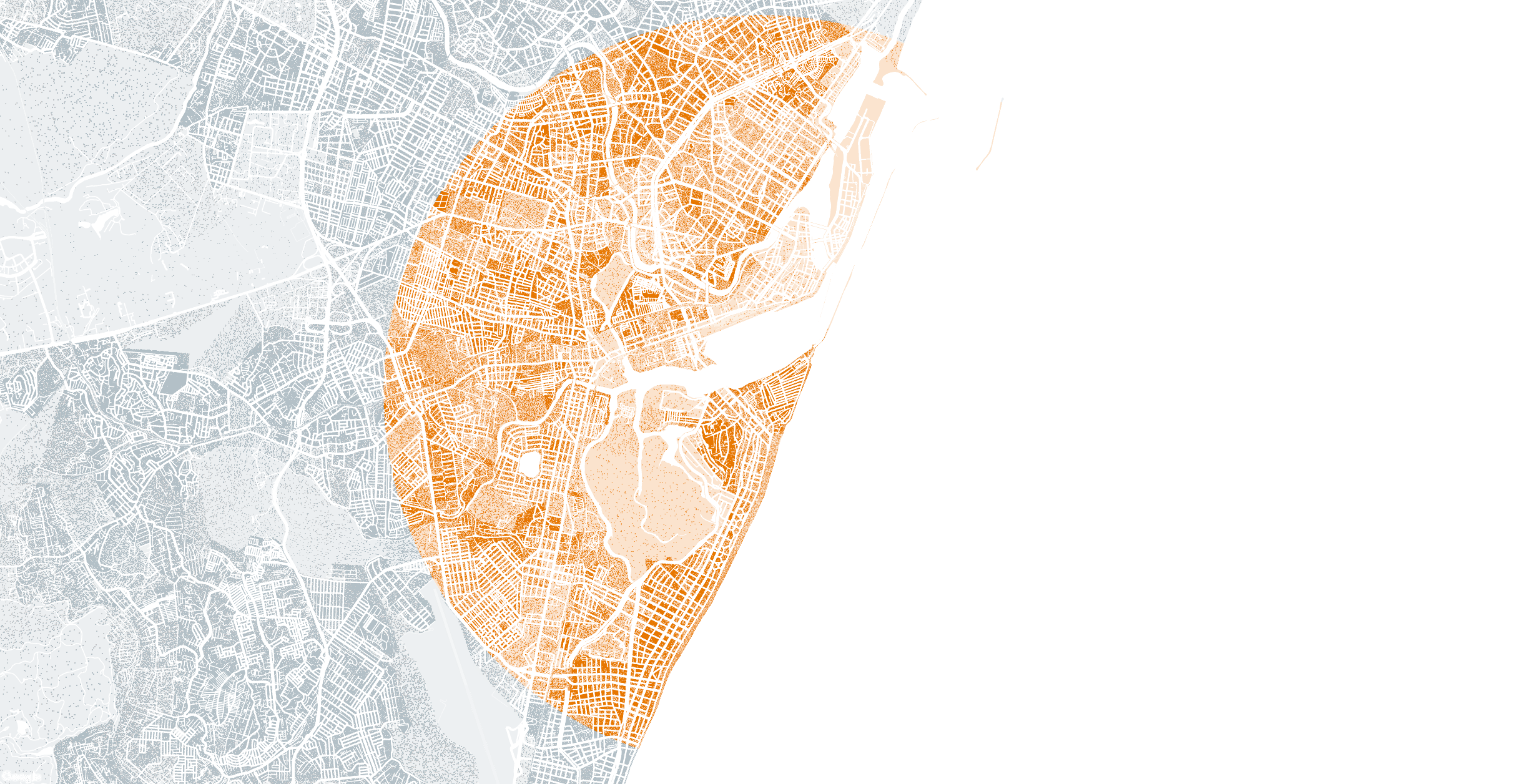 Mapa com um círculo vermelho centrado no Centro Histórico de Recife
