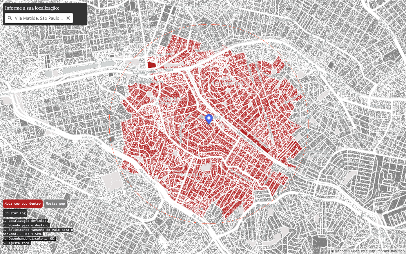 Protótipo de mapa mostrando uma nuvem densa de pontos vermelhos representando a população ao redor do bairro Vila Matilde, em São Paulo